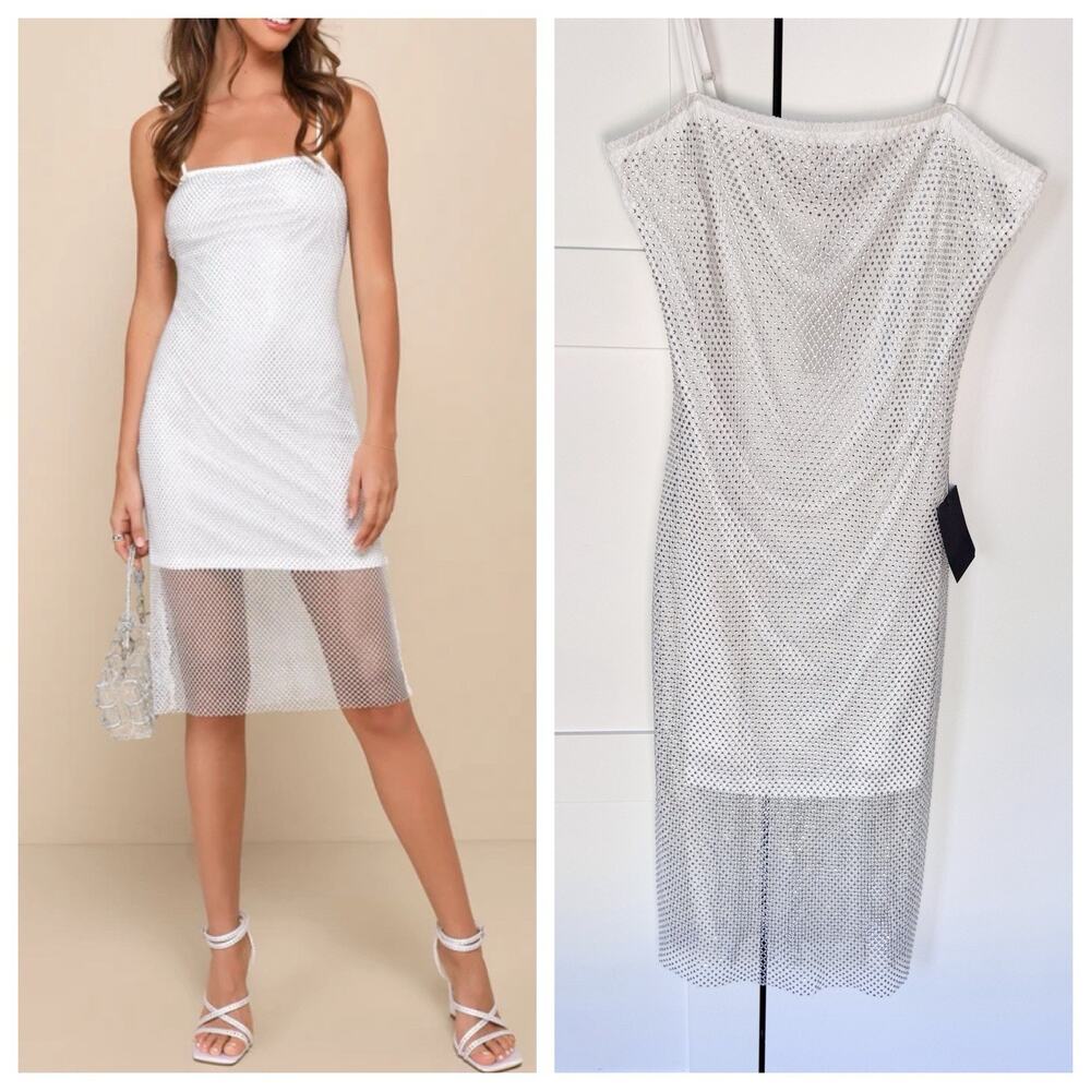 Lulus Memorable Glow White Fishnet Rhinestone Bodycon Midi Dress SMALL. $88 MSRP